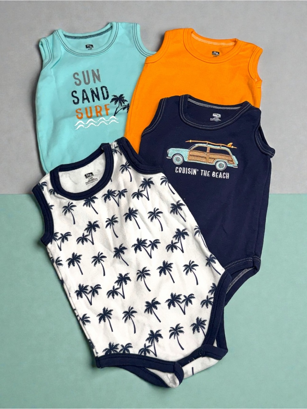 HB Baby Boys Sleeveless Bodysuit 4-Pack Beach Palm Tree Orange Navy 3-6M